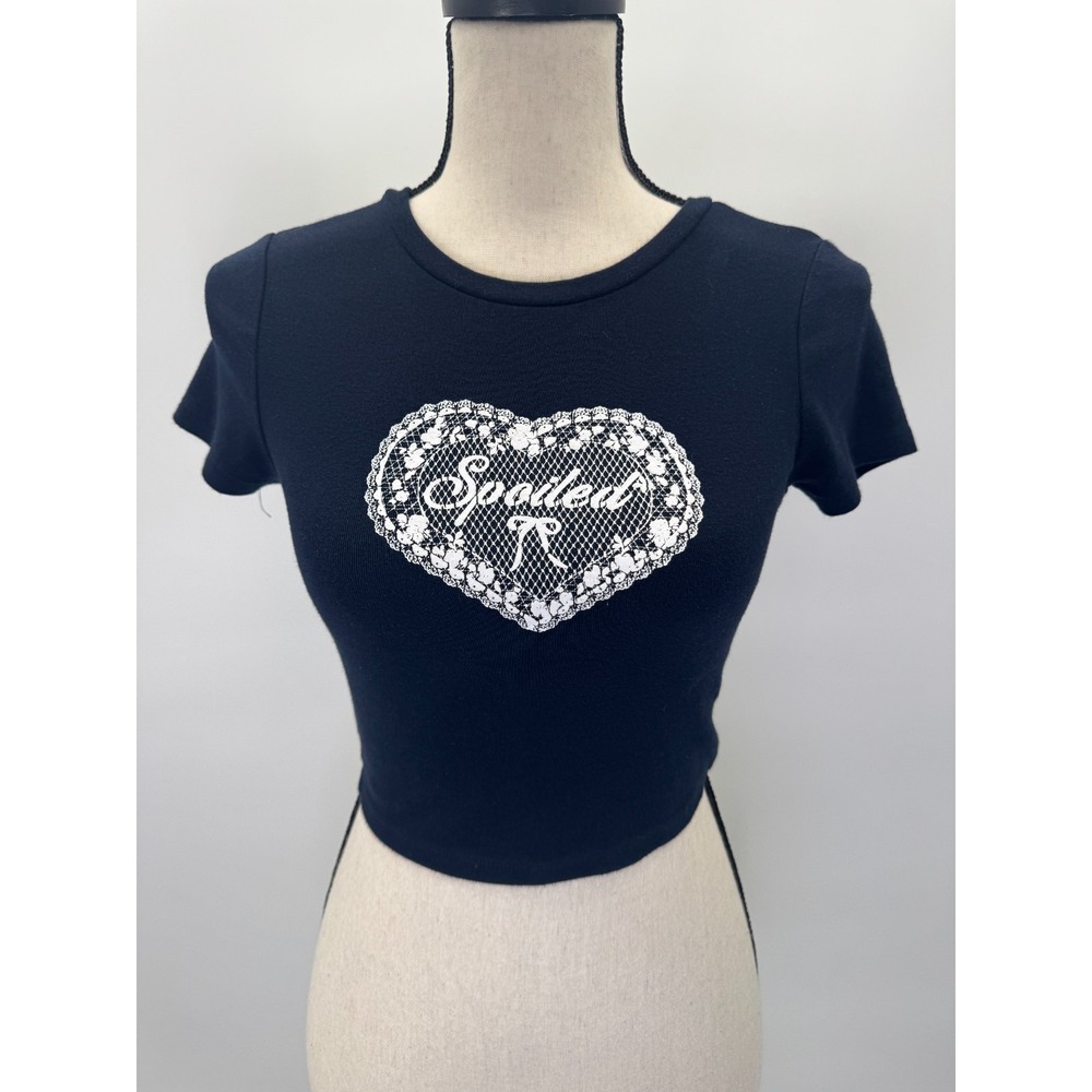 Spoiled Baby Tee Top Medium Cropped Lace Heart Bow Stretch Dark Coquette Baddie